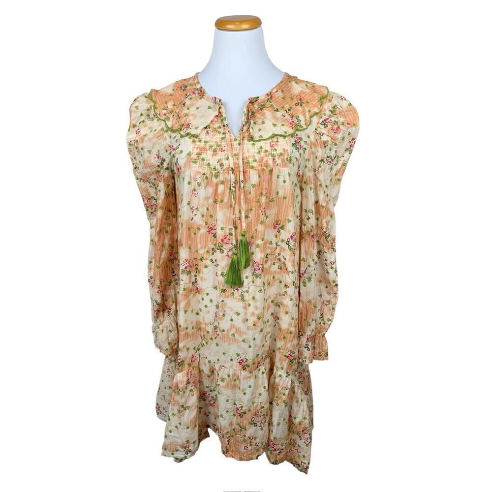 Nu Vintage Boho Dress Cotton Cream Peach Embroidered Floral Ruffle Women's M